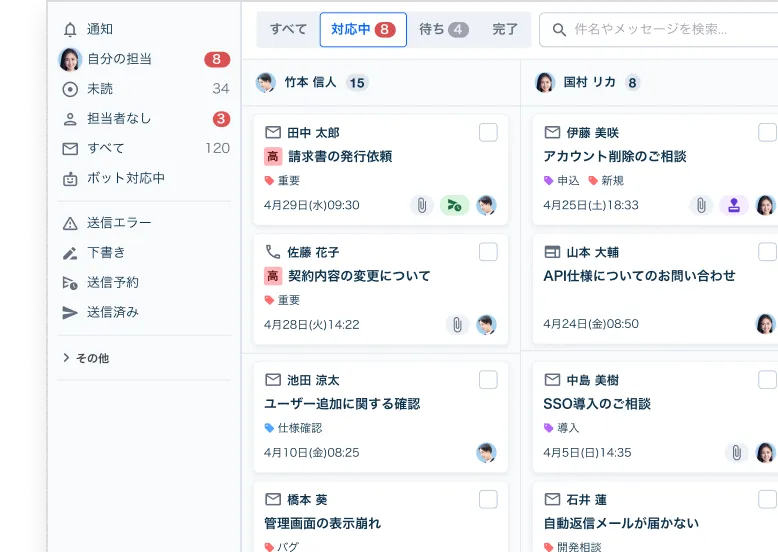 問い合わせメールを管理する受信トレイ画面。担当者の割り振りや対応状況が見える化されている様子
