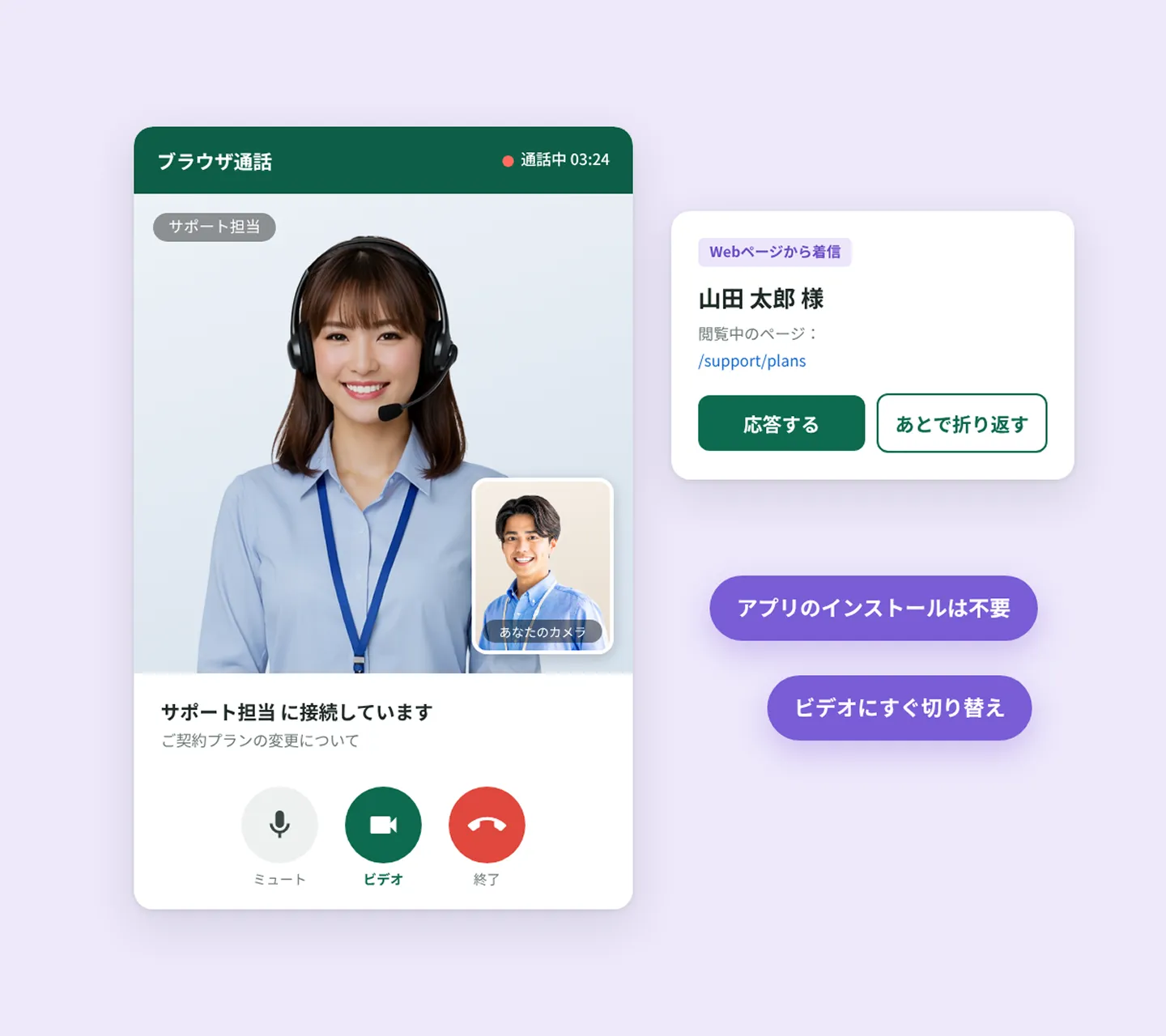 ブラウザ通話の画面 — サポート担当とお客様のビデオ通話と、Webページからの着信通知。アプリのインストールは不要