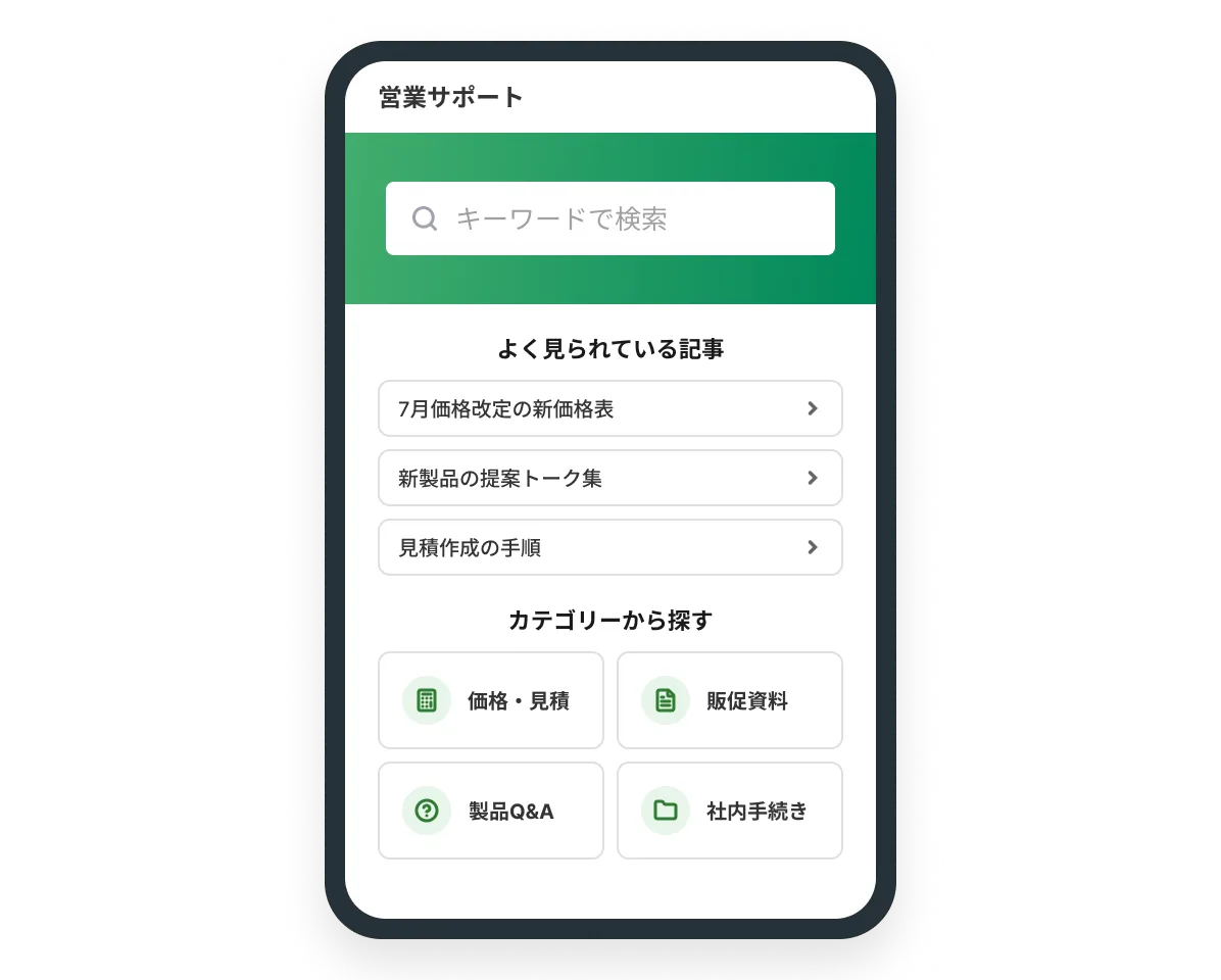 スマホで新価格表や提案トーク集などの記事を確認できる営業サポートFAQサイトの画面