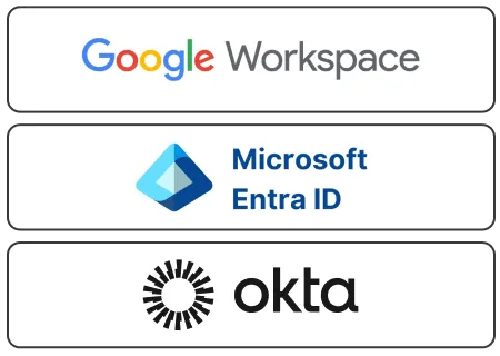 SAML認証に対応するGoogle Workspace・Microsoft Entra ID・Oktaのロゴ