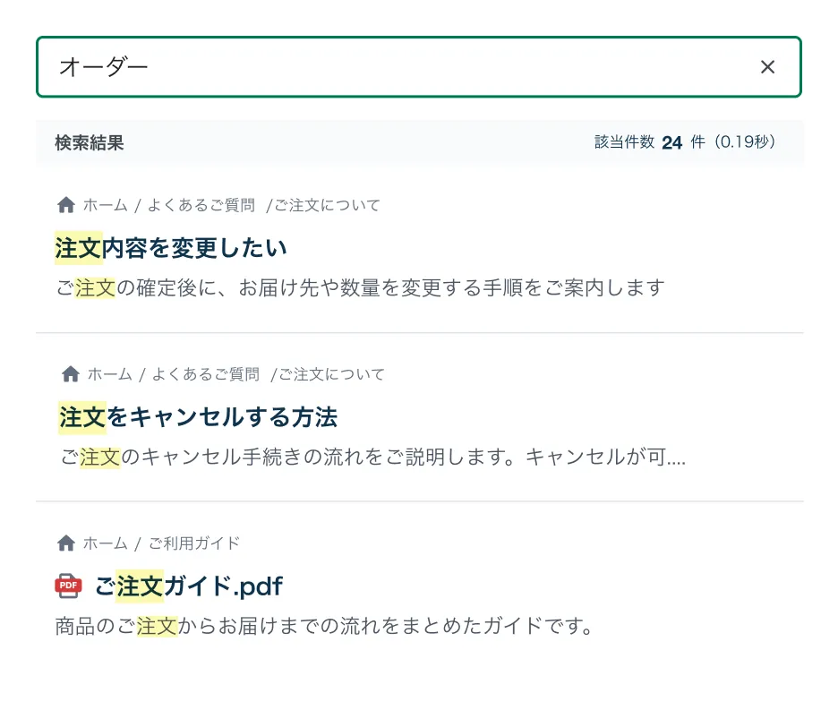 「オーダー」と入力した検索窓の下に、注文に関するFAQ記事やPDFが候補として表示されているAI検索の画面
