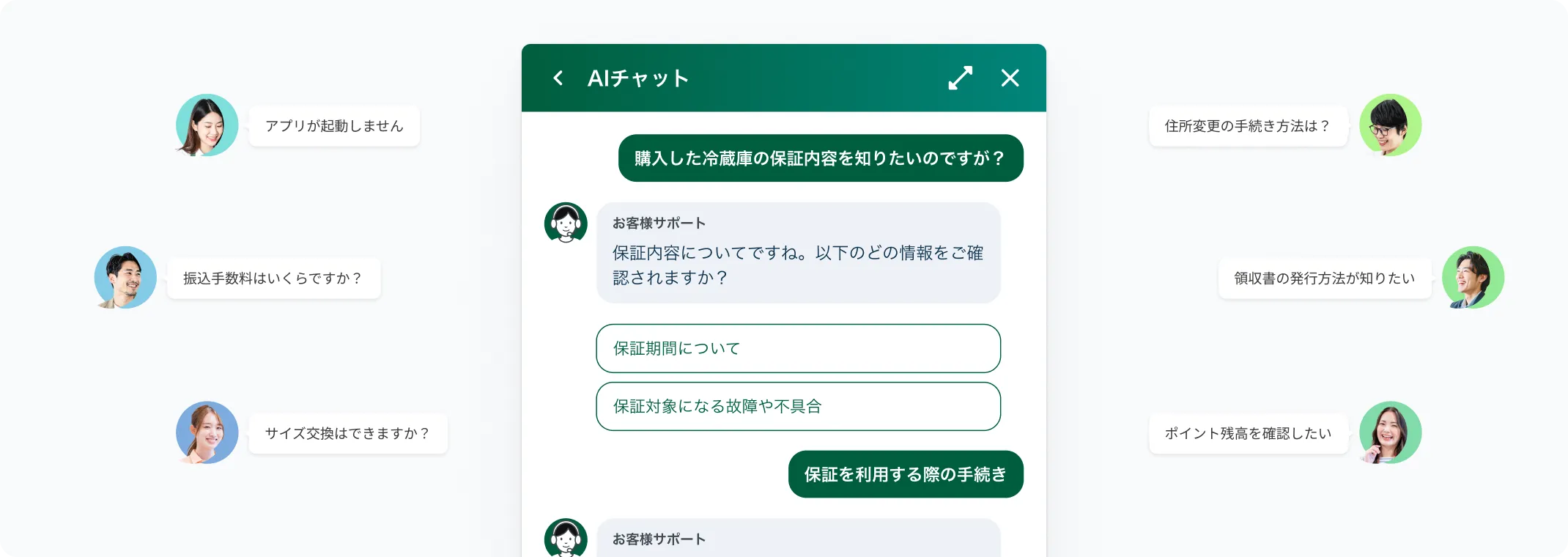 AIチャットボットの画面イメージ — 質問の意図を確かめる選択肢を提示しながら回答へ導く会話