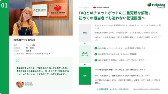 導入事例集の誌面。1社1ページで課題と導入効果を紹介