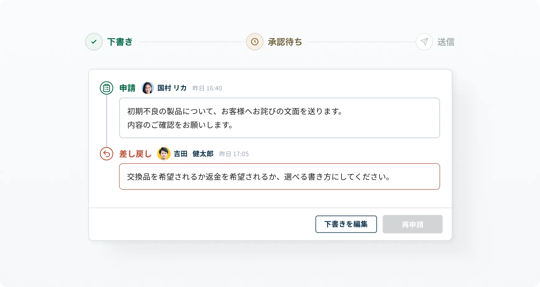 送信の承認の画面 — 下書き・承認待ち・送信のステップと、承認者からの差し戻しコメントを表示