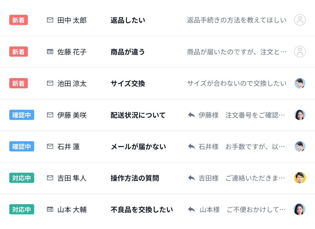 リスト画面 — 問い合わせを新着・確認中・対応中のステータスと担当者つきで一覧表示