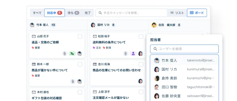 担当者ごとに問い合わせを並べたボード画面