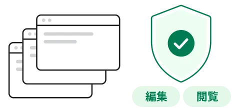 接続できる複数のサイトの一覧と、「編集」「閲覧」の権限を示すチェックマーク付きの盾の図