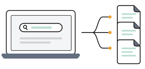 パソコンの検索窓にキーワードを入れると、該当する複数の記事が一覧で返ってくる図