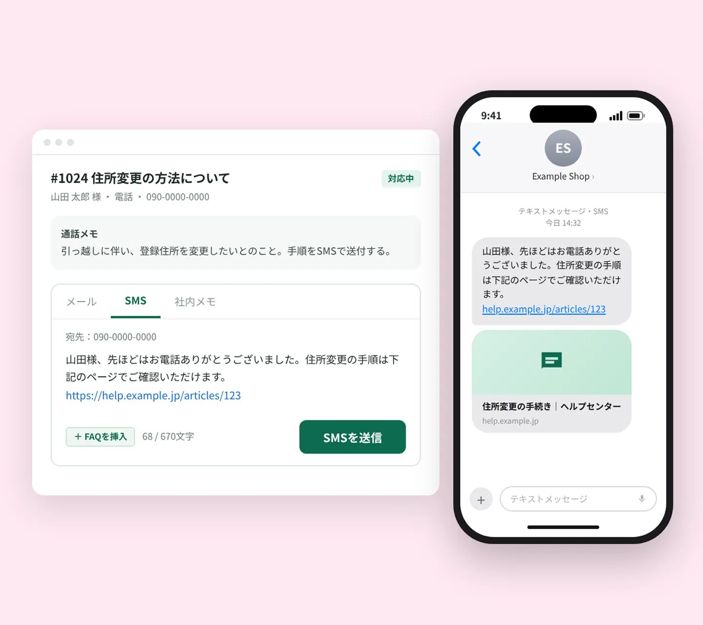 SMS送信の画面 — 通話メモをもとにFAQのURLを入れてSMSを送信し、お客様のスマートフォンにテキストメッセージが届く