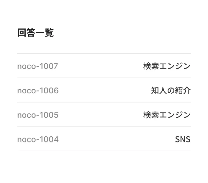 届いた回答が管理番号と回答内容で並ぶ回答一覧画面