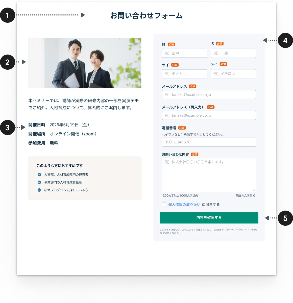 2カラムフォームの構成パーツのモックアップ（フォームタイトル・画像・説明文・入力欄・送信ボタン）