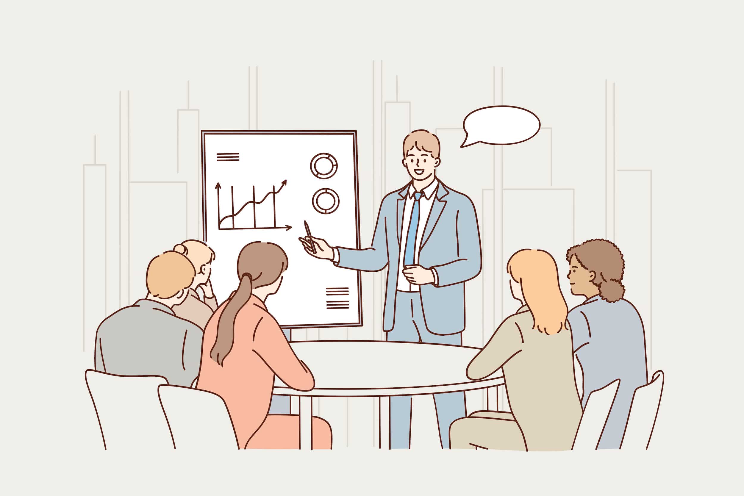 チームへのプレゼンテーションで企画内容を説明するシーン