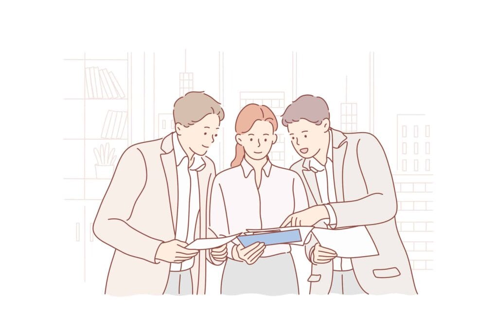 チームで情報を共有しながら連携して業務を進める様子