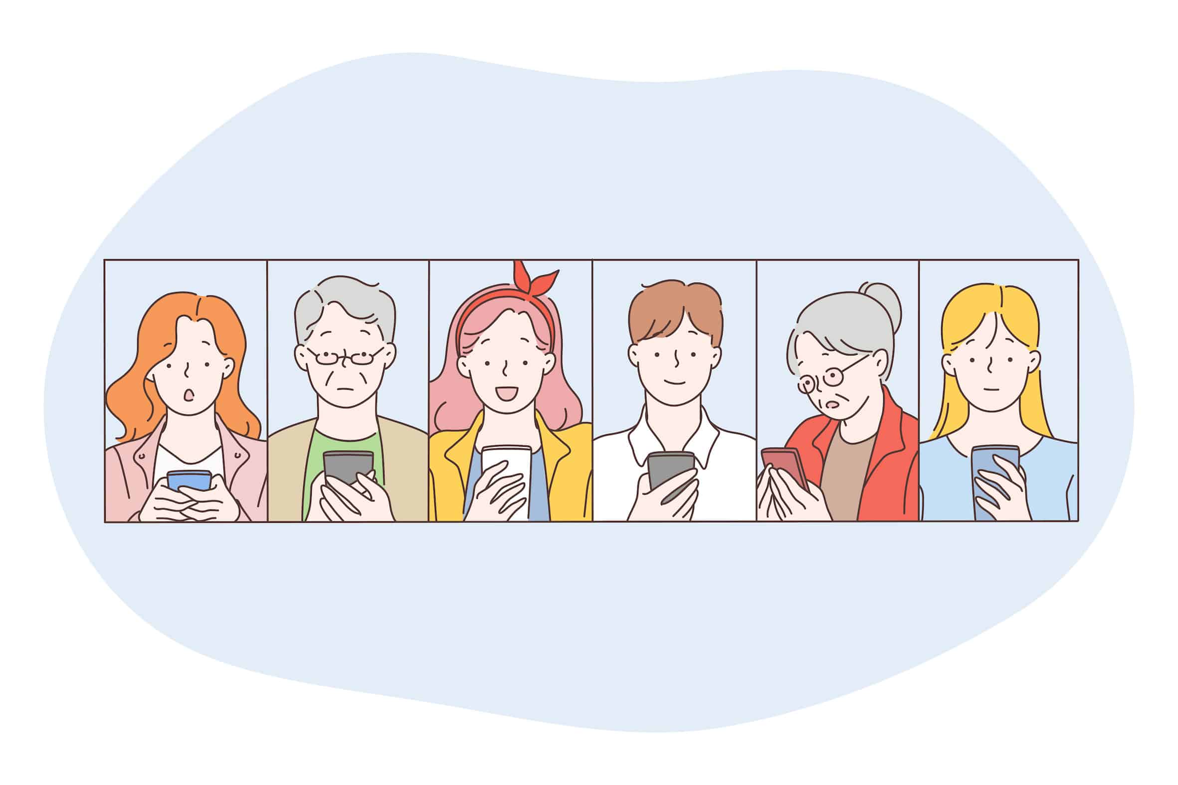 年齢や性別の異なる多様なユーザーがスマートフォンを操作している