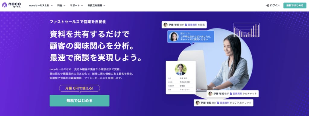 資料共有で顧客の興味関心を分析し商談を自動化するツールのトップページ