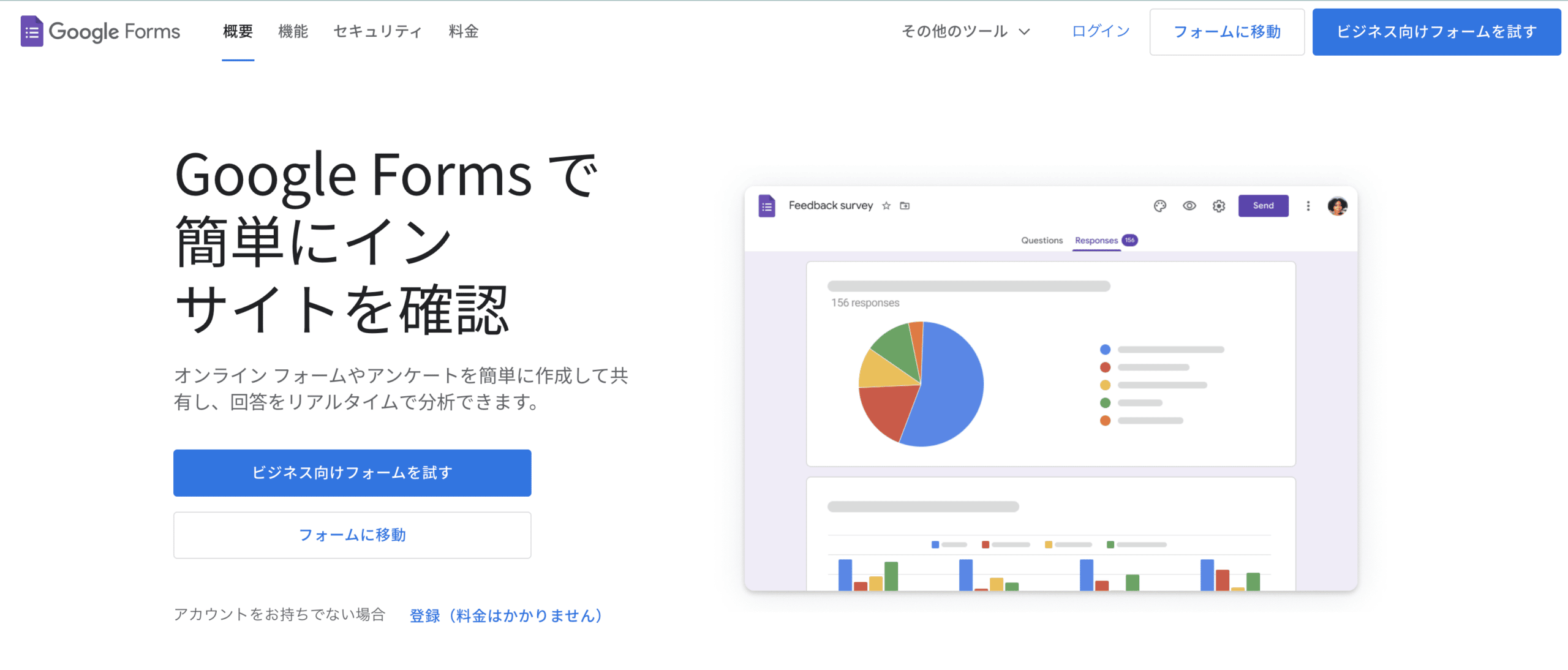 Google FormsトップページでFeedback surveyの回答数と集計グラフを確認している