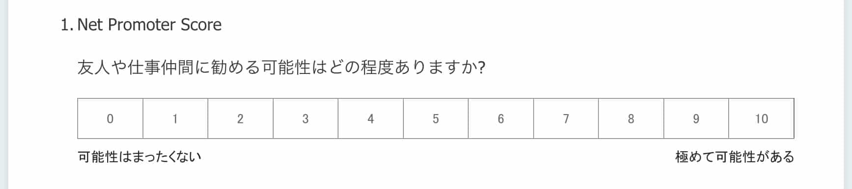 友人や仕事仲間に勧める可能性を0〜10で回答するNPS設問