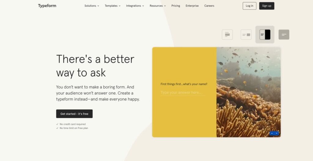 Typeformの公式サイトのトップページとフォーム作成のデモ画面