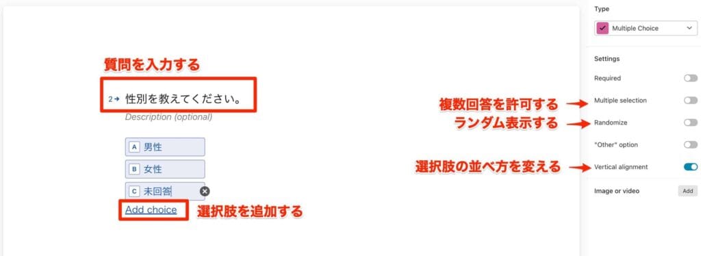 Multiple Choiceの質問・選択肢・設定項目の各箇所を日本語で解説