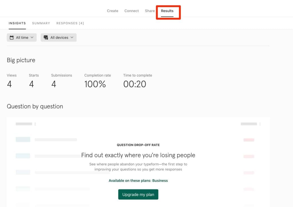ResultsタブでInsightsの回答件数や完了率を確認