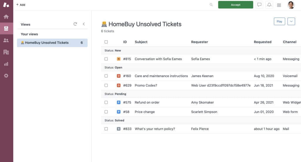 未解決チケットをステータス別に一覧表示したサポート管理画面