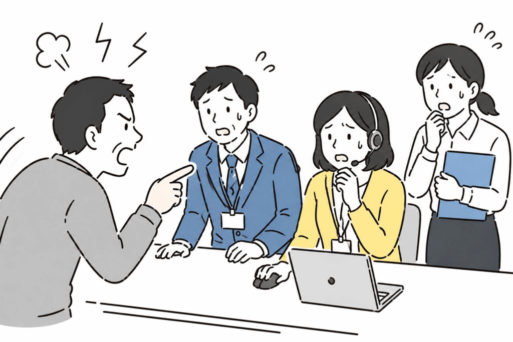 顧客から強い不満を伝えられ困惑するスタッフたち