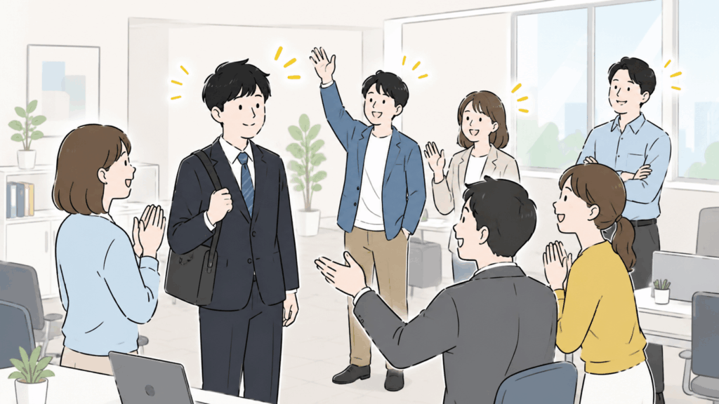 社員が職場で互いに歓迎し合う様子を描いたイラスト