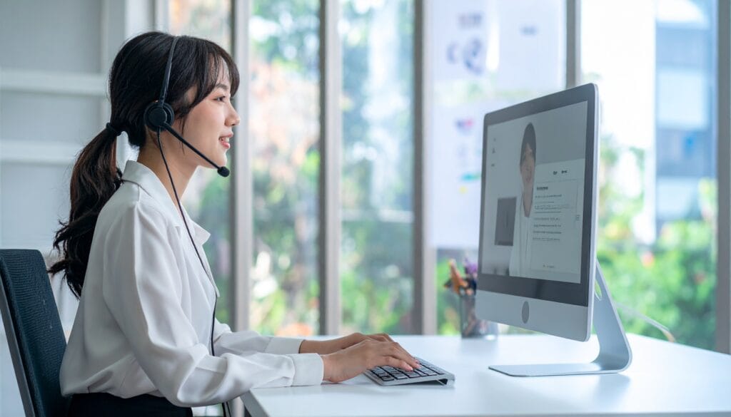 ヘッドセットを着けたオペレーターが顧客対応する様子