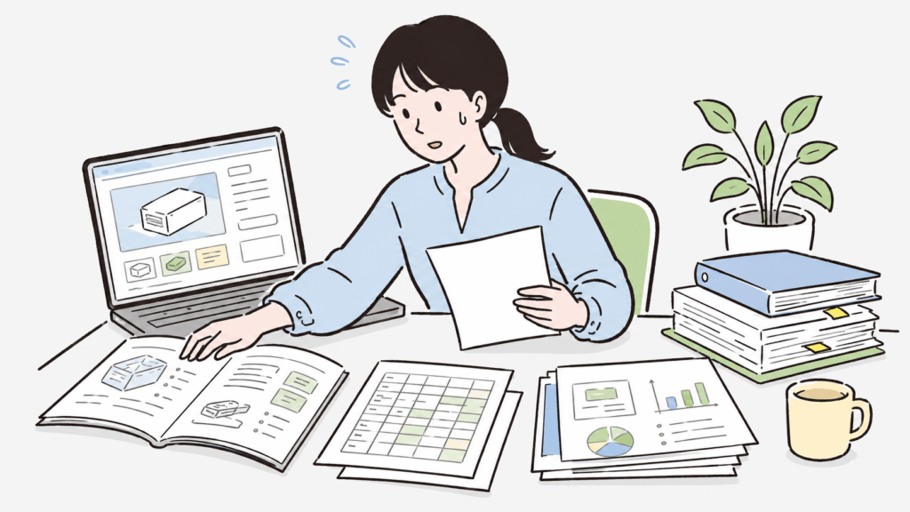 FAQ作成のために複数の資料を調べて情報を確認する作業