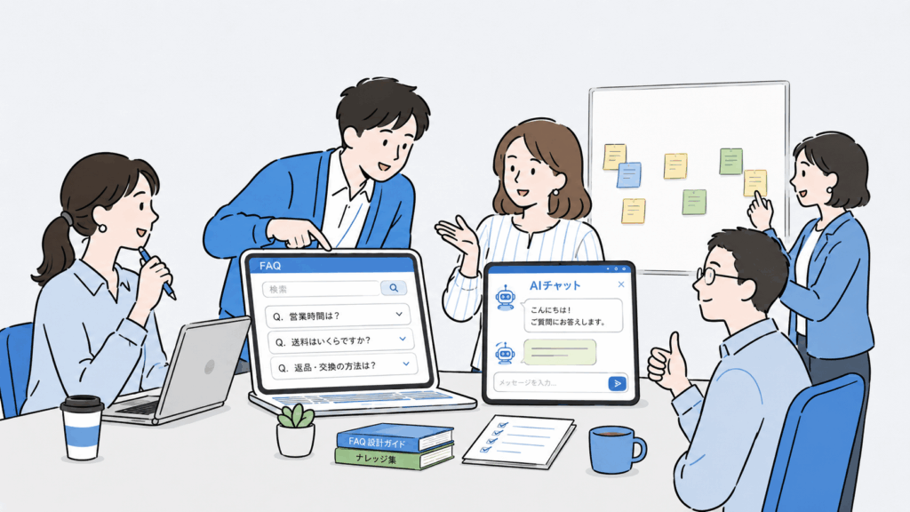 FAQとAIチャットを組み合わせたカスタマーサポート体制をチームで検討する様子