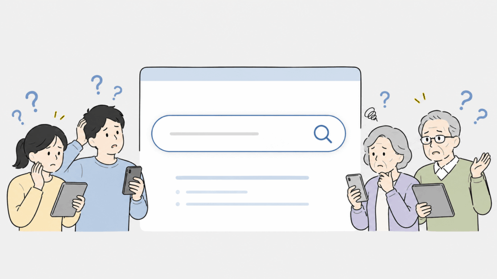 検索で答えが見つからず困惑するユーザーと高齢者