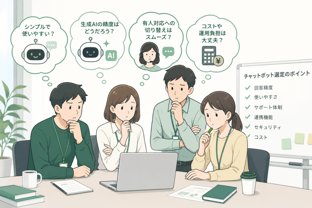 チャットボット選定のポイントとして回答精度・使いやすさ・コスト等6項目を示した選定基準のまとめ