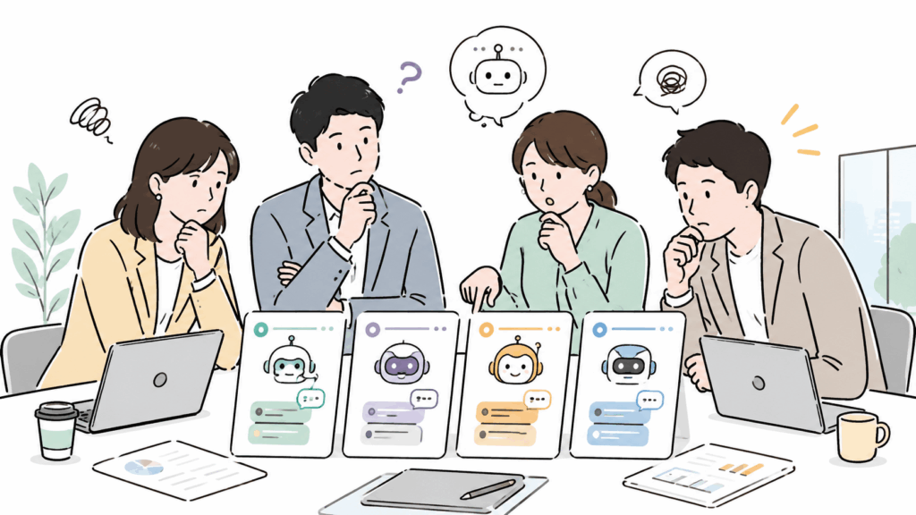 複数のAIチャットボットツールを比較検討するビジネスチームのイラスト