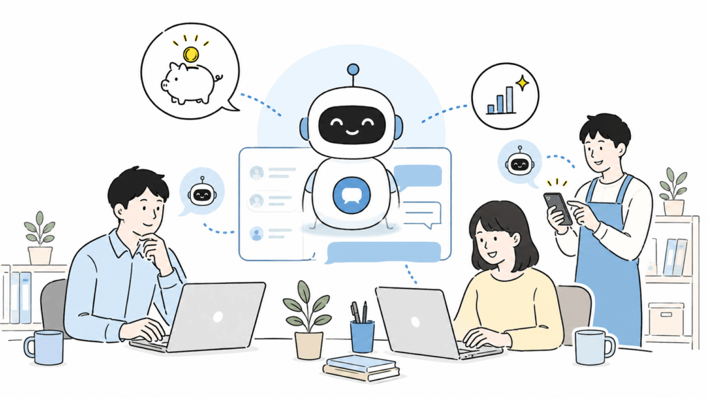 複数ユーザーがAIチャットボットを活用してコスト削減や業績向上を実現するイメージ