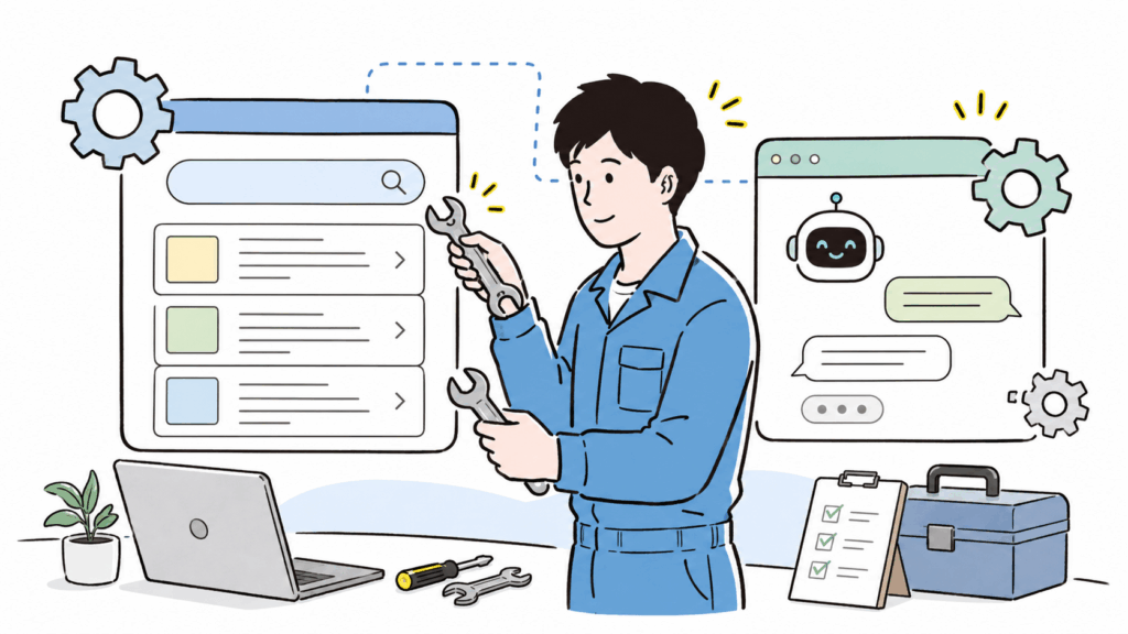 サポート担当者がAIチャットボットとFAQシステムを管理・整備する様子