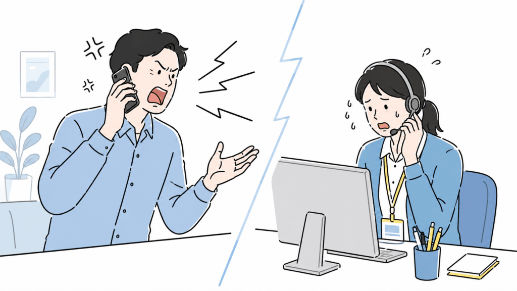 顧客からの電話クレームに対応するオペレーターが困惑している様子