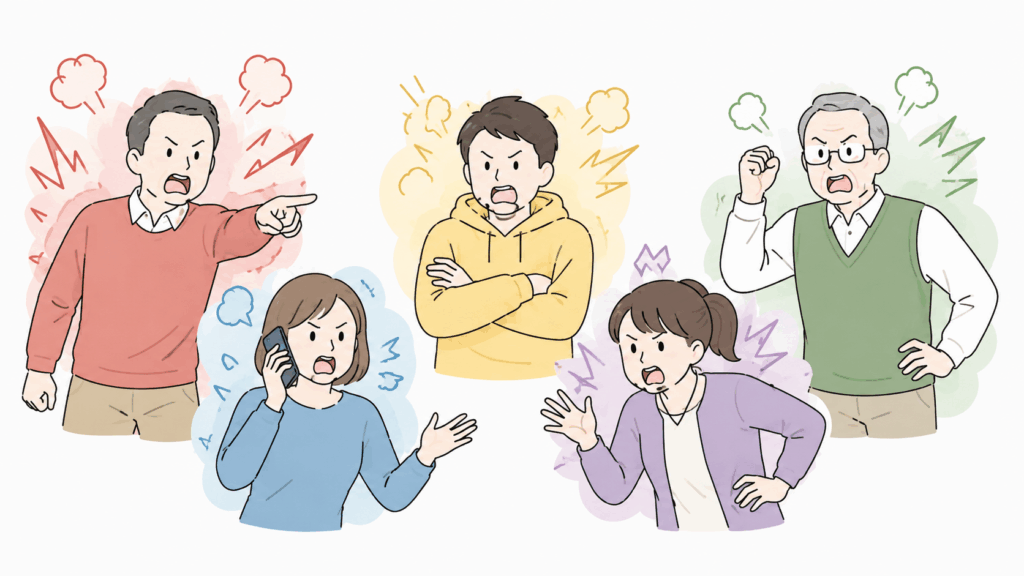 さまざまな年代の人物が怒りを表現するカスタマーハラスメントの類型