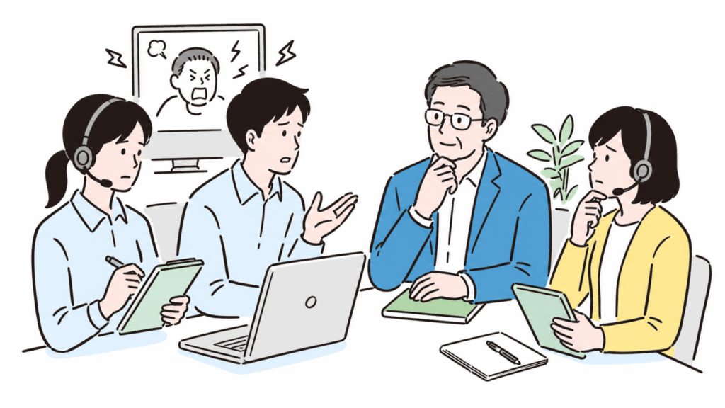 カスハラ発生時のエスカレーション対応を上司と担当者が協議している