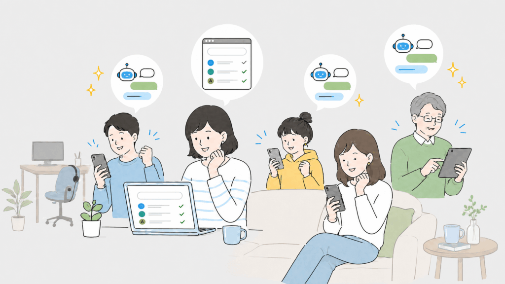 年齢層の異なる複数のユーザーがAIチャットボットで自己解決する様子