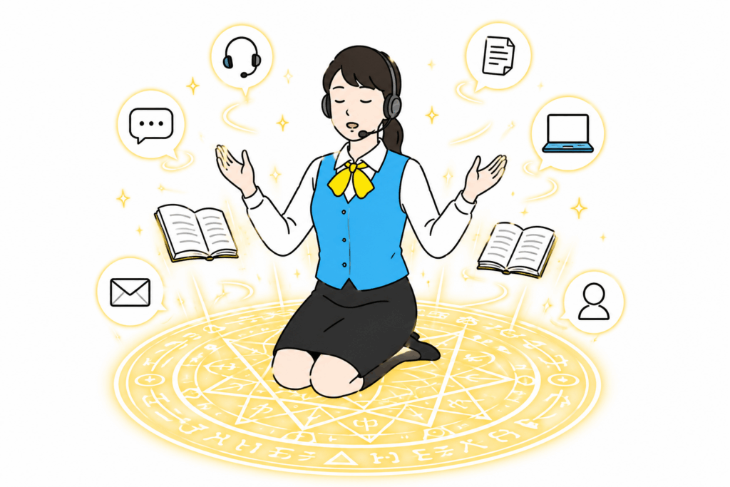 カスタマーサポートが複数チャネルを統合して対応する力を象徴するイラスト