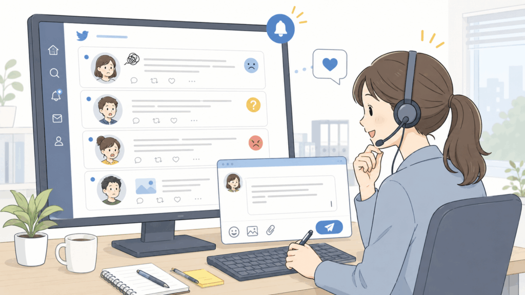 SNSに寄せられる顧客の声をモニタリングしながら返信対応するオペレーター