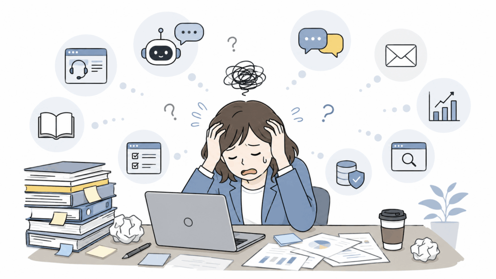 カスタマーサポートツール選定に迷い判断できない担当者のイメージ