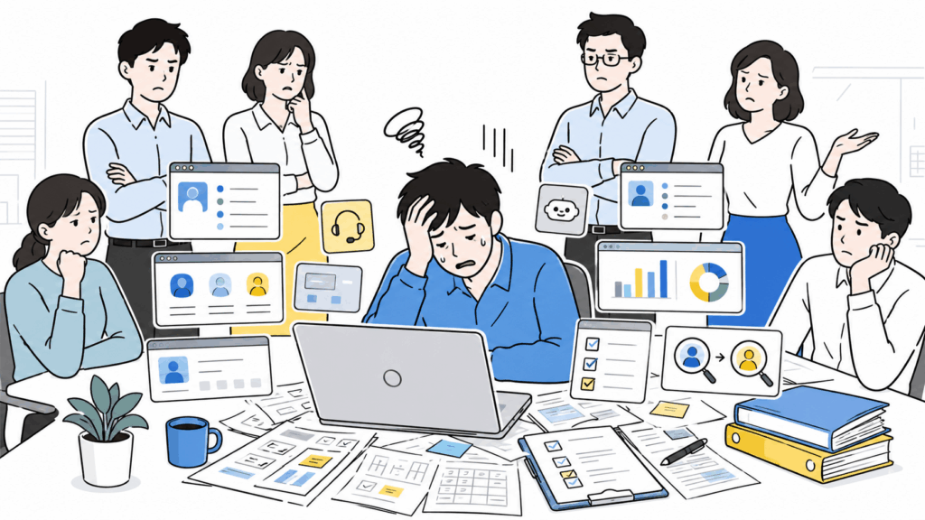 複数部署が関与する中で担当者が混乱しツール選定が進まない様子