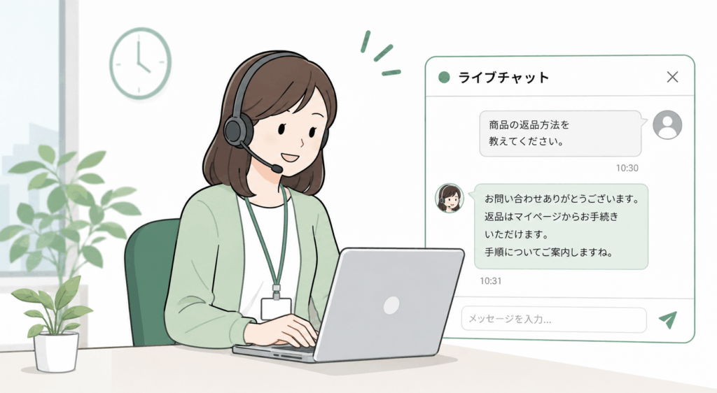 オペレーターがライブチャットで返品問い合わせに即時回答している様子