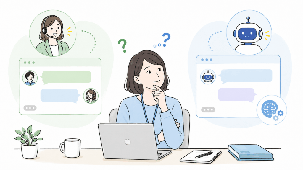 有人チャットとAI自動応答のどちらを選ぶか検討するユーザー