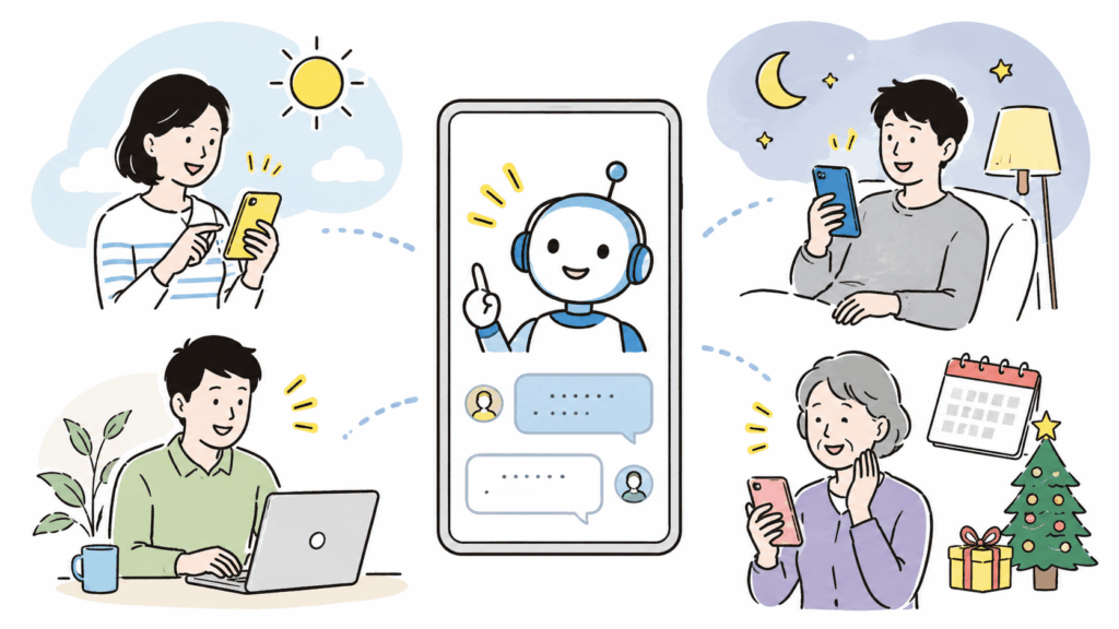 チャットボットが昼夜を問わずさまざまなユーザーに自動対応する様子