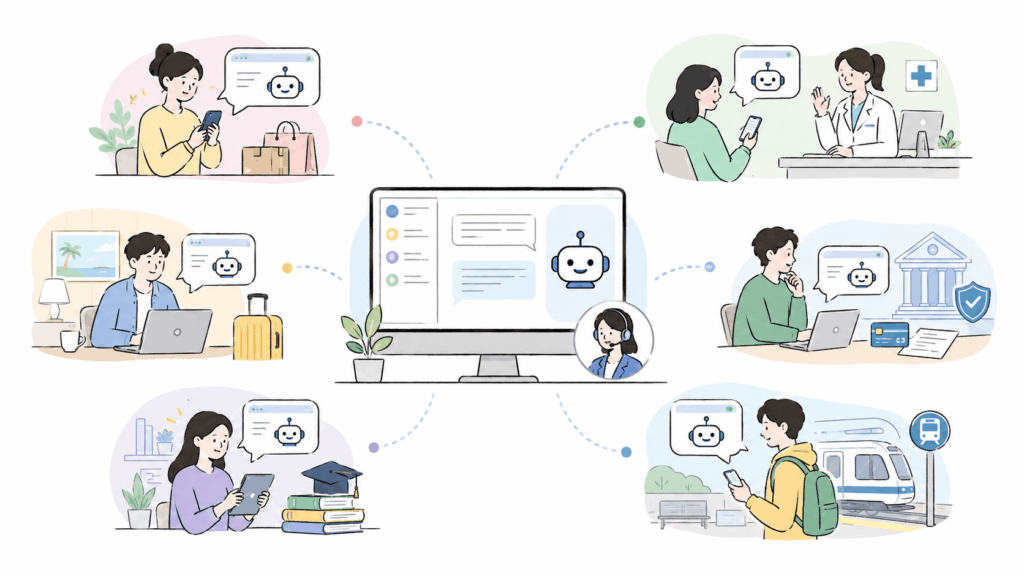 複数の業種でAIチャットボットと有人対応が使い分けられる様子