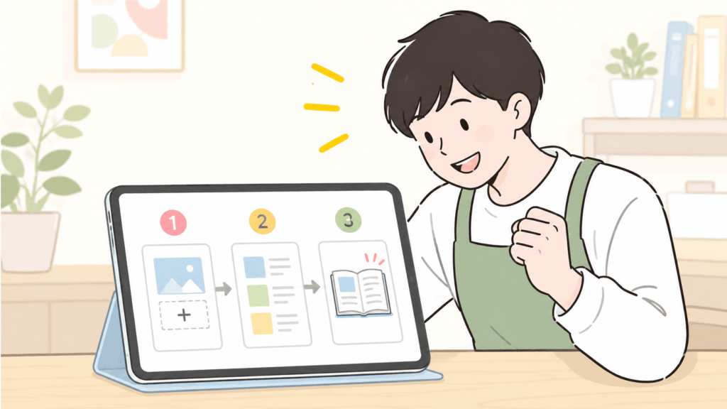 素材や手順を組み合わせてマニュアルを簡単に完成させるイメージ