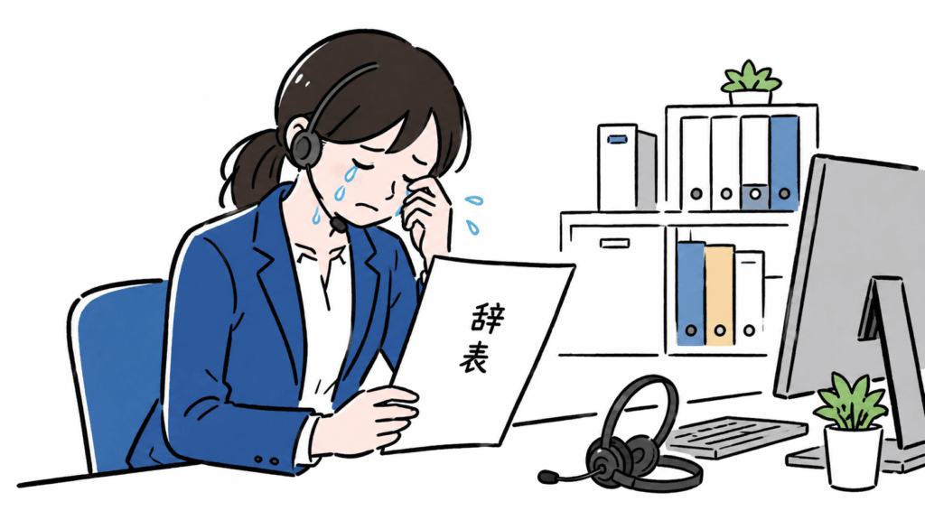 辞表を手に泣くコールセンター担当者の退職場面