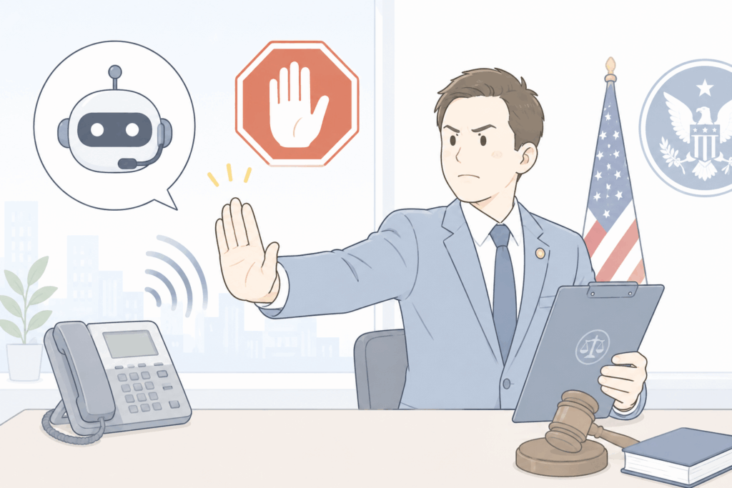 AIによる自動音声電話を法規制で禁止する政府当局の姿勢を示したイラスト
